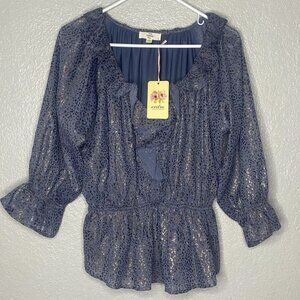 Entro Top Ladies Blue w/ Metallic Gold Leopard 3/4 Sleeves Ruffled V Neck